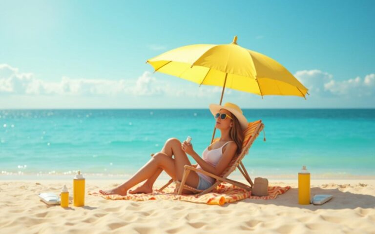 Personne sur une plage avec crème solaire, illustrant l'exposition au soleil et les cabines UV.