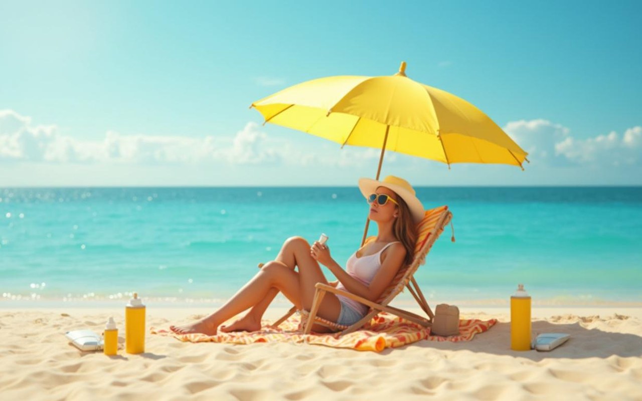 Personne sur une plage avec crème solaire, illustrant l'exposition au soleil et les cabines UV.