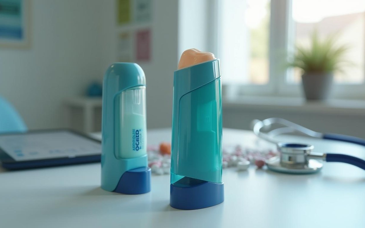 Comparaison des inhalateurs Airomir et Ventoline sur une table médicale.