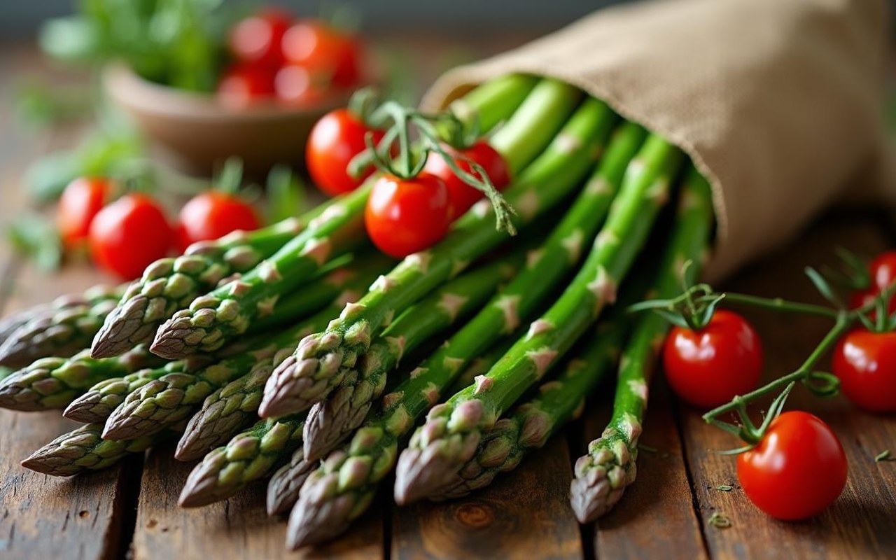 Asperges fraîches sur une table en bois, accompagnées de tomates cerises et d'herbes.