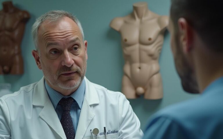 Homme en consultation pour chirurgie esthétique abdominale avec un chirurgien.