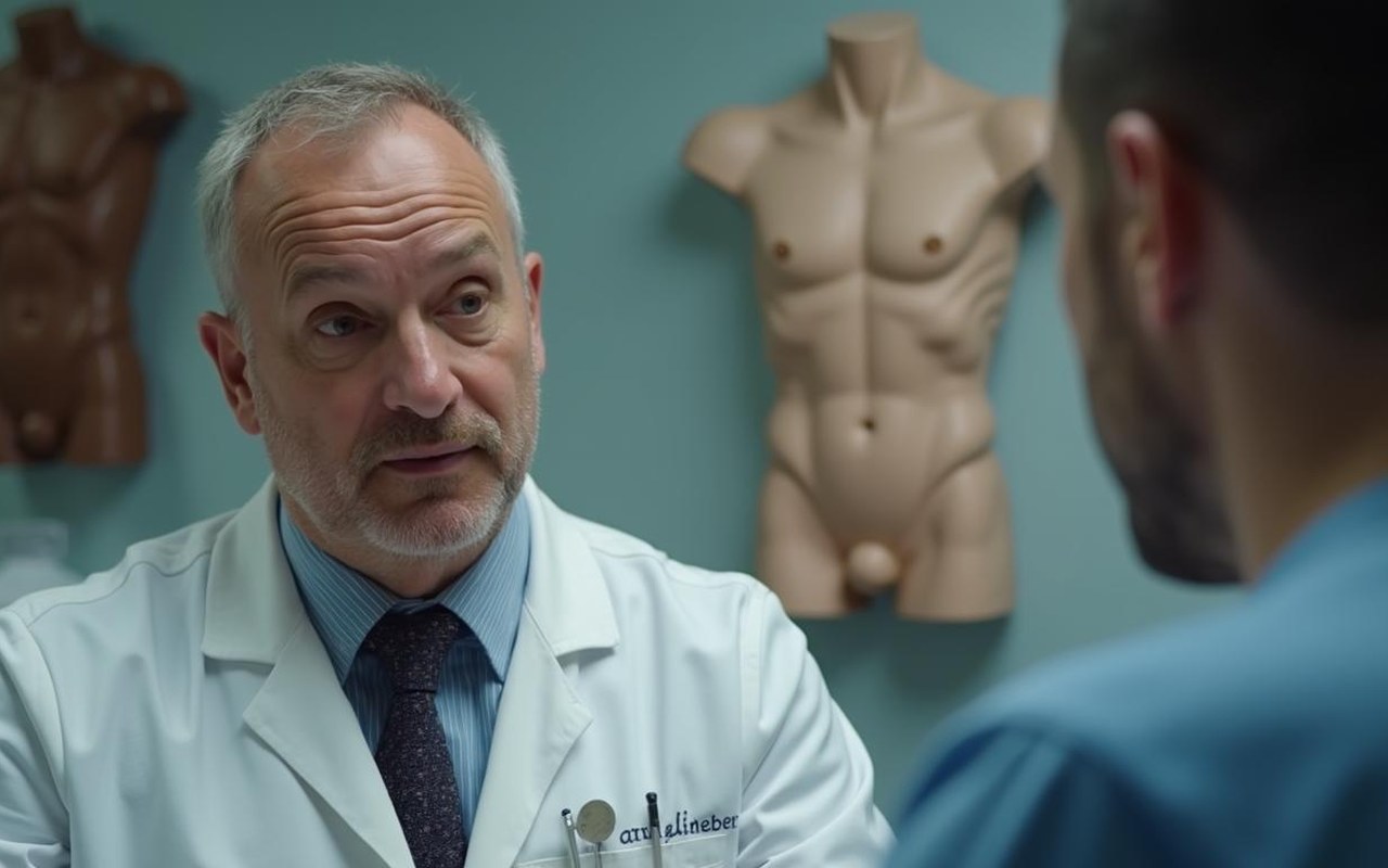 Homme en consultation pour chirurgie esthétique abdominale avec un chirurgien.