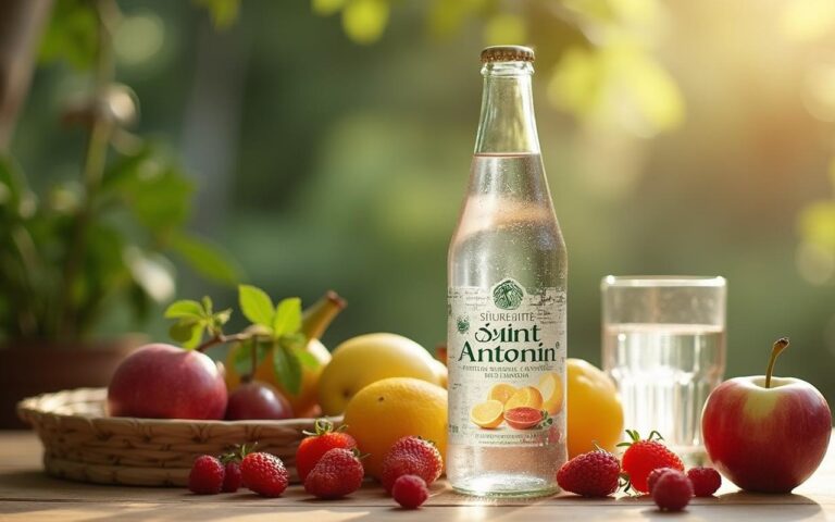 Bouteille d'eau Saint Antonin sur une table en bois avec des fruits frais.