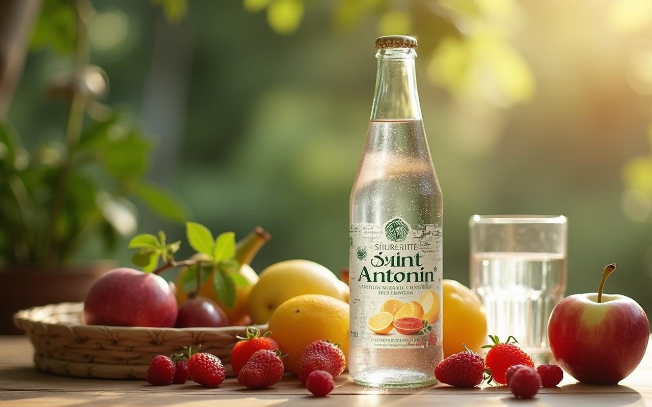 Bouteille d'eau Saint Antonin sur une table en bois avec des fruits frais.