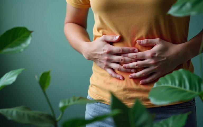 Personne stressée tenant son abdomen, symbolisant le lien entre stress et ferritine élevée.