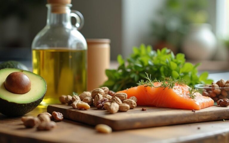 Aliments cétogènes sains sur une table de cuisine pour la perte de graisse abdominale.