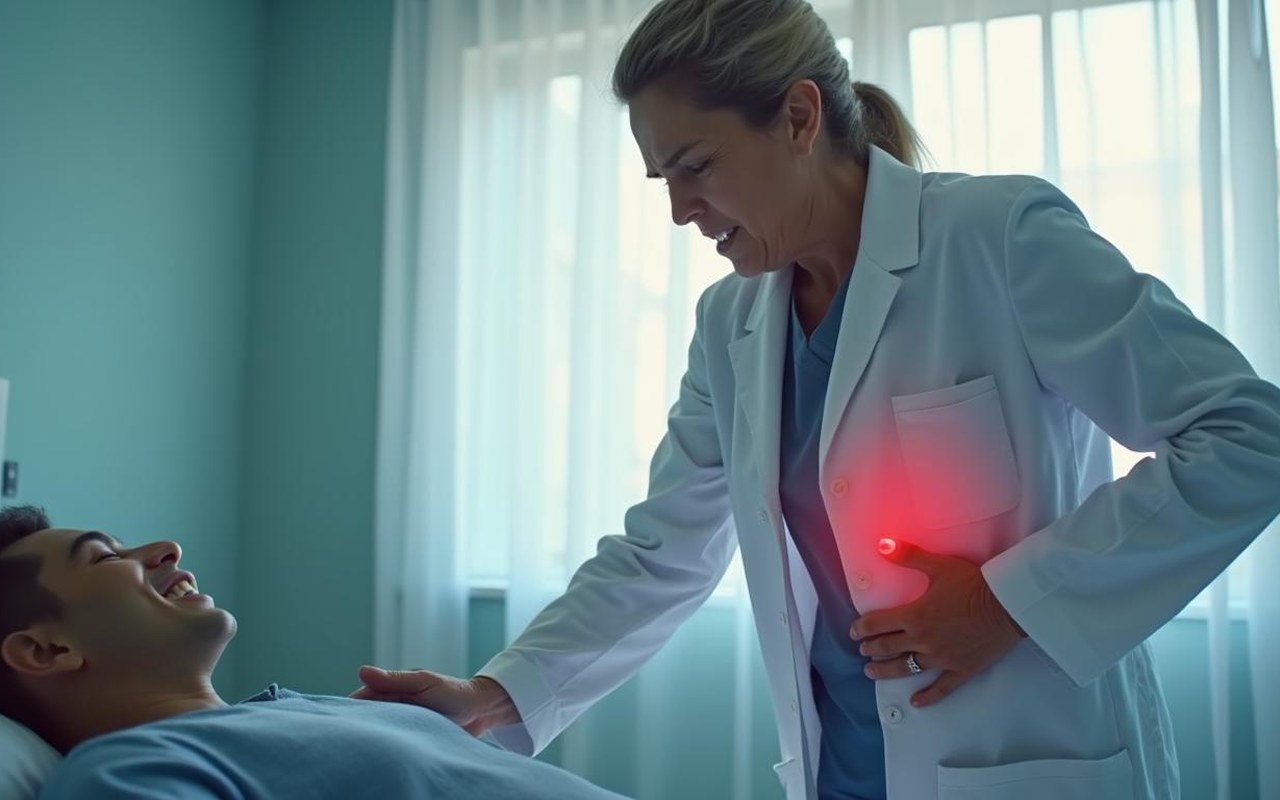 Médecin examinant un patient avec douleurs abdominales en milieu hospitalier.