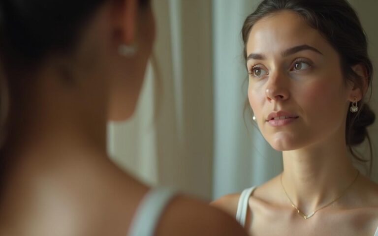 Femme réfléchissant à l'acceptation de son corps naturel devant un miroir