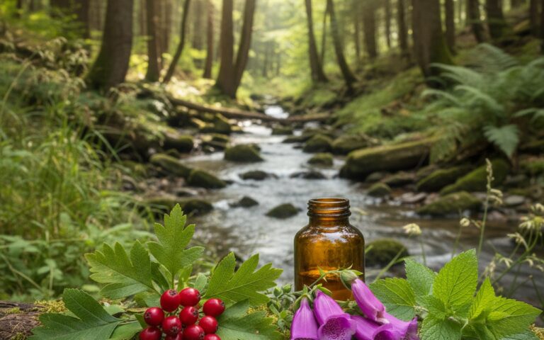 Scène naturelle avec des plantes médicinales et un flacon de Cardisana pour la santé cardiaque.