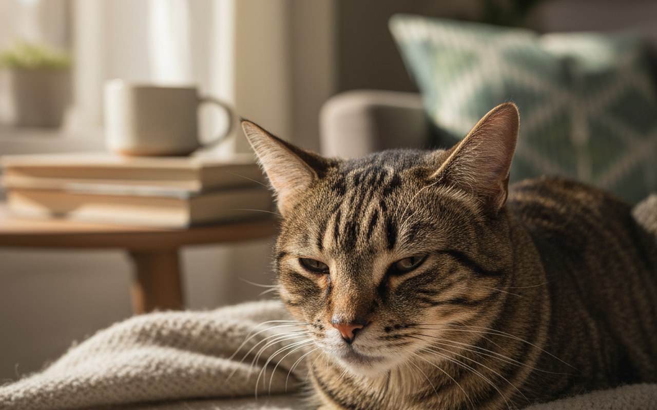 Chat montrant des symptômes de coryza avec écoulement nasal et yeux larmoyants.