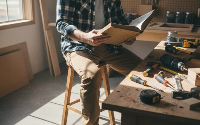 Un bricoleur débutant dans un atelier avec des outils de bricolage essentiels.