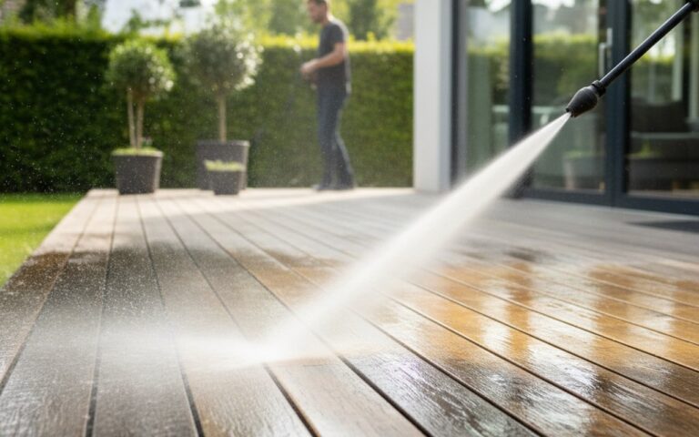 Lance Kärcher nettoyant une terrasse en bois avec un jet d'eau puissant.