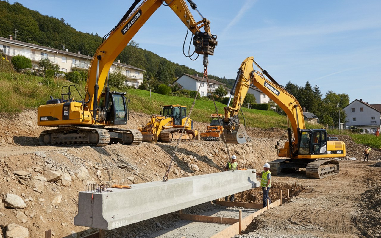 Installation d'une longrine en béton armé sur un terrain en pente, illustrant son rôle dans les fondations.