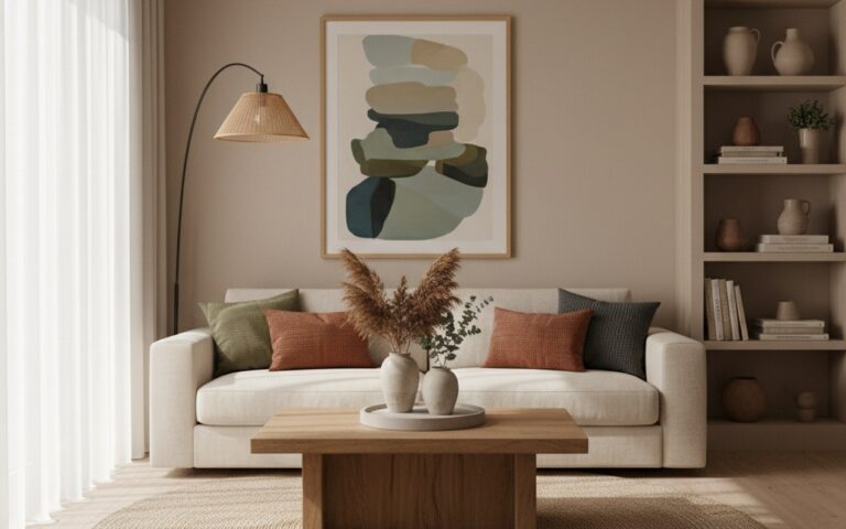 Salon moderne et minimaliste avec des couleurs terreuses et des matériaux naturels.
