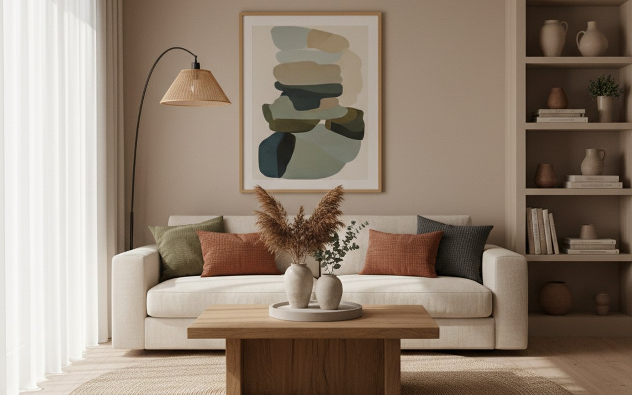 Salon moderne et minimaliste avec des couleurs terreuses et des matériaux naturels.
