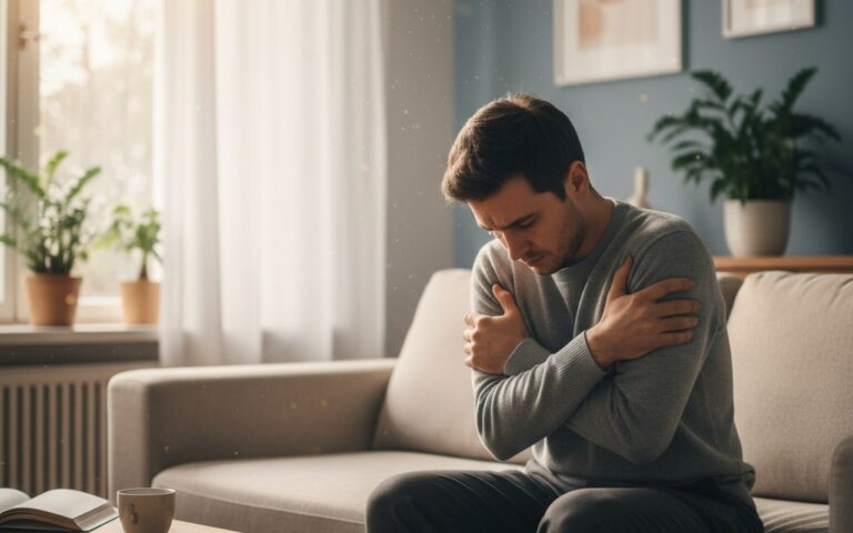 Personne ressentant une douleur au bras gauche liée au stress, assise dans un environnement calme.