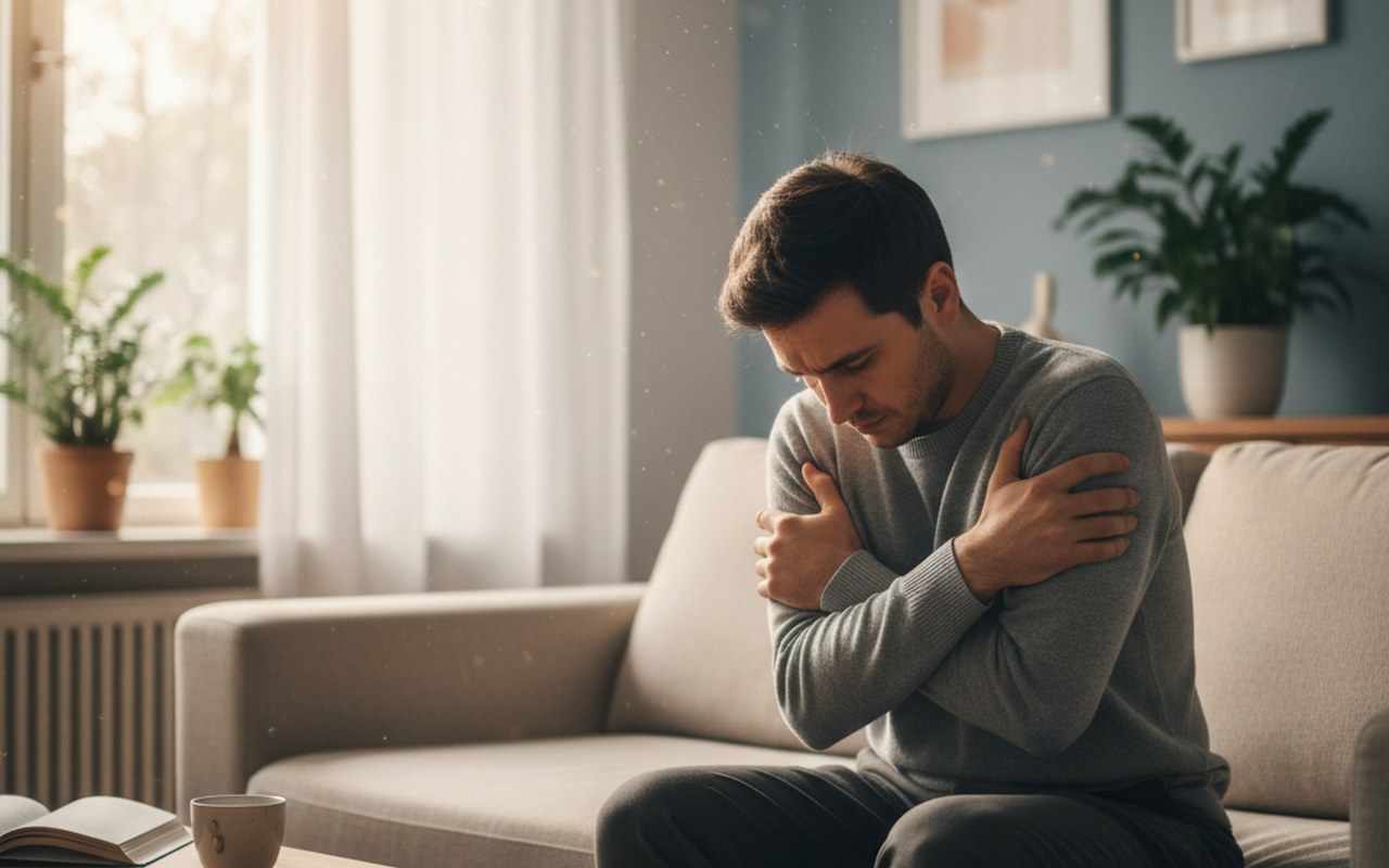 Personne ressentant une douleur au bras gauche liée au stress, assise dans un environnement calme.