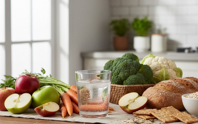 Aliments riches en fibres et un verre d'eau pour améliorer le transit intestinal.
