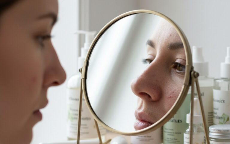 Personne examinant des boutons autour des narines dans un miroir.