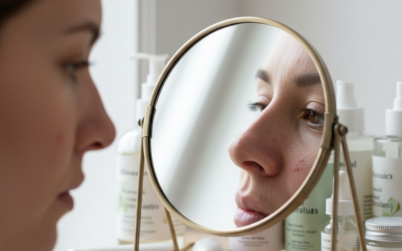 Personne examinant des boutons autour des narines dans un miroir.
